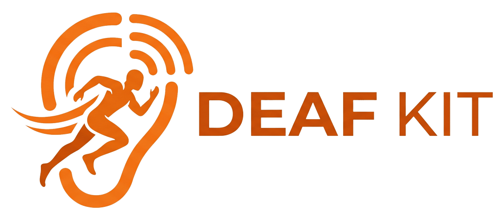 The Deaf Kit logo - The Deaf Kit logo is orange on a transparent background, it represents the shape of a human ear with a human running (with speed trail) covering most of the ear area, the top right of the ear corner is replaced with the three curves of a WiFi connection icon. The words deaf kit are in capitals to the right of the 'ear'.