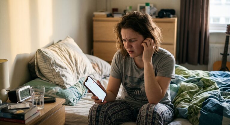A photo of a person in their bedroom who has woken up deaf and confused, They are using their phone.
